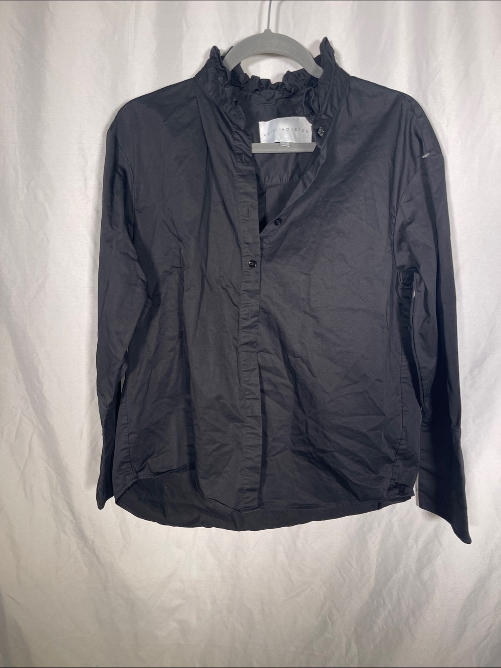 HEIDI HOUSTON WOMENS BLACK RUFFLE NECK BUTTON DOWN SHIRT BLOUSE COTTON SMALL